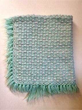Vintage Handmade Textured Aqua Mint & White Fringe Baby or Lap Blanket